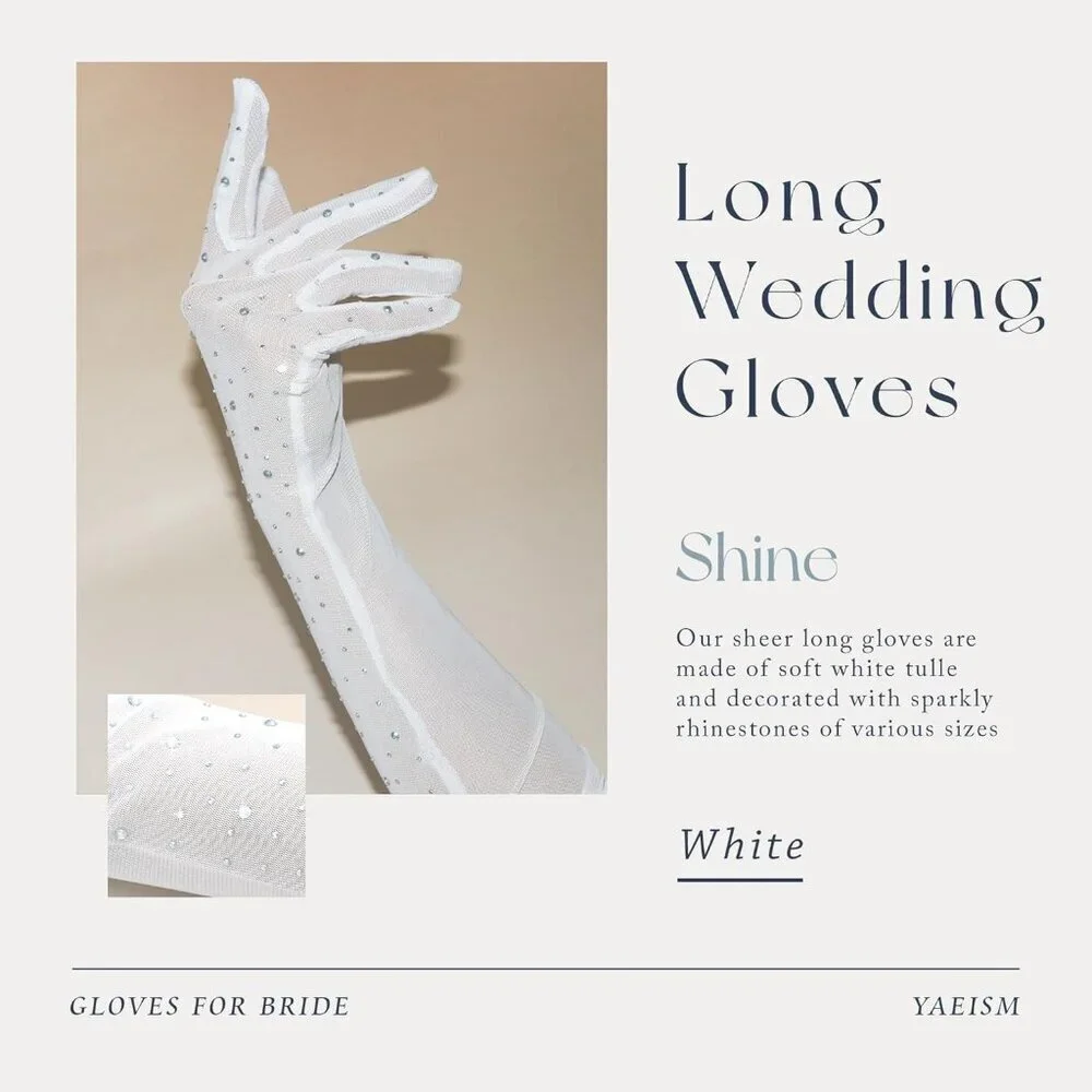 Women's Rhinestone Sparkly Mesh Sheer Gloves White Long Elbow Length Party Prom